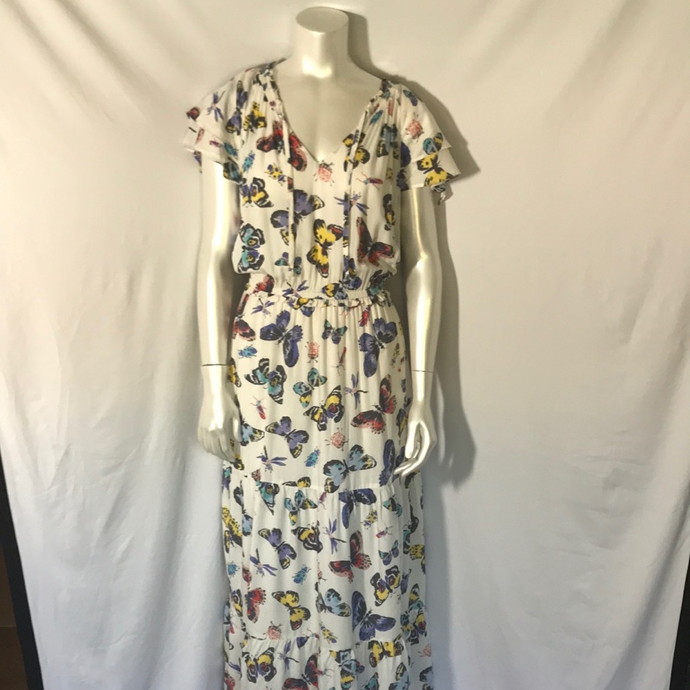 Butterfly Print Maxi Dress With Ruffled Sleeves
